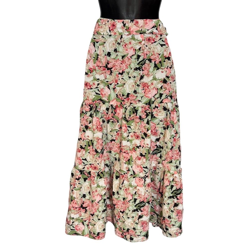 COTTAGE CORE BLACK & PINK ROSES FLORAL TIERED MAXI SKIRT WITH BELT S BY FEEL IN